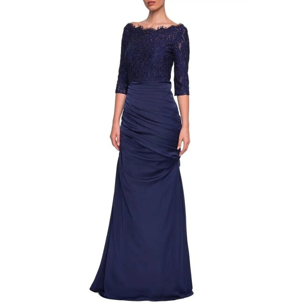 LA FEMME dress gown beaded lace formal trumpet skirt satin sparkle navy blue 8
